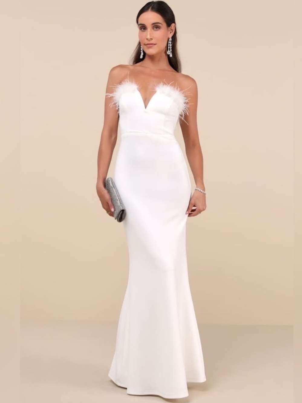 Lulus Extraordinary Glam NWT size M White Feather Strapless Mermaid Maxi Dress